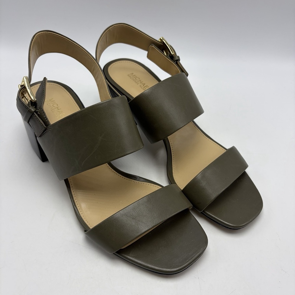 Michael Kors Block Heel Sandals Womens 7.5 M Olive Green Leather Gold Buckles